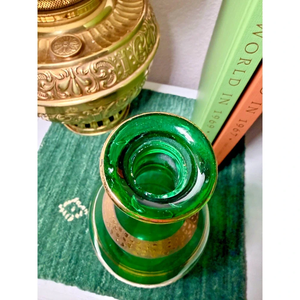 Vintage Emerald Green Glass Vase Gold Gilt Floral Decor 9.5